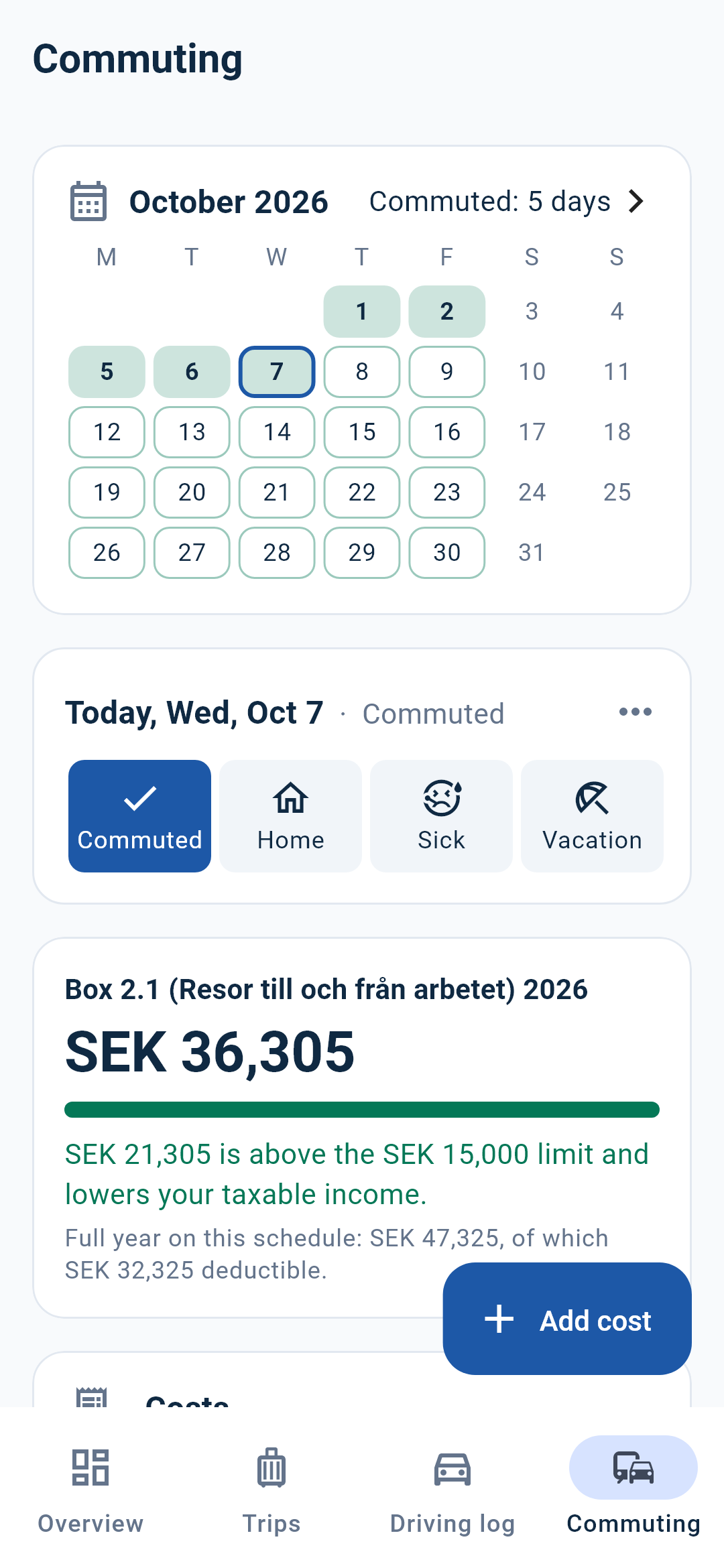 Trakta: the commuting deduction with the month calendar and box 2.1