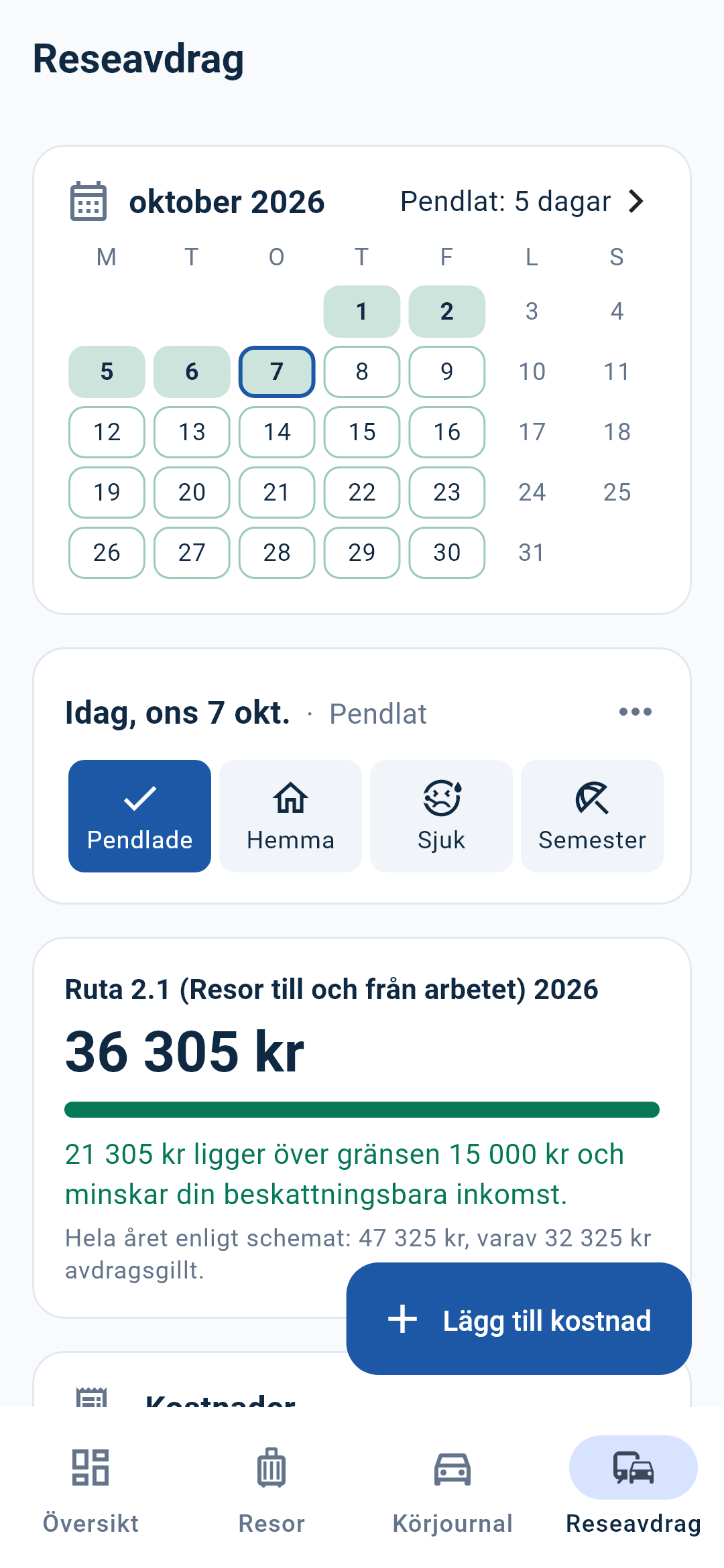 Trakta: reseavdrag med pendlingskalender och ruta 2.1